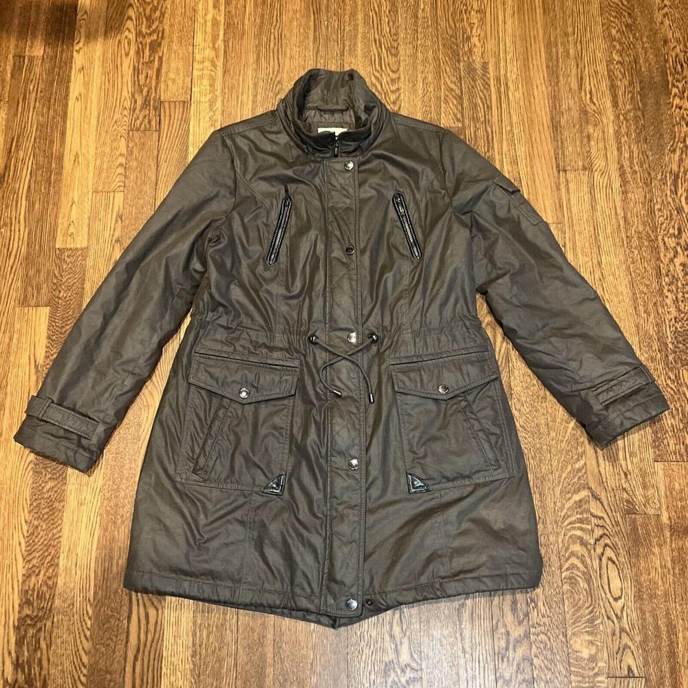 Laundry By Shelli Segal Coat Waxed Brown Black Trim Draw String Waist Size XL - Picture 5 of 16